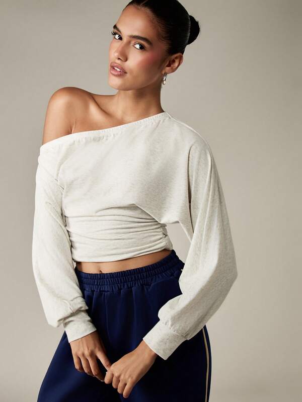 missguided MISSGUIDED Off Shoulder Ruched Long Sleeve Crop Top With Gathered Waist