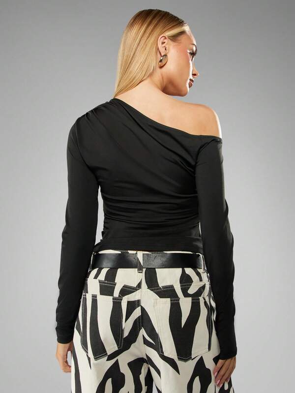 Missguided MISSGUIDED Off Shoulder Ruched Long Sleeve Top