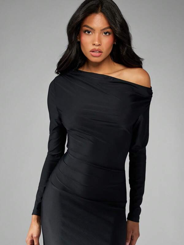 Missguided MISSGUIDED Off Shoulder Ruched Maxi Dress With Long Sleeves