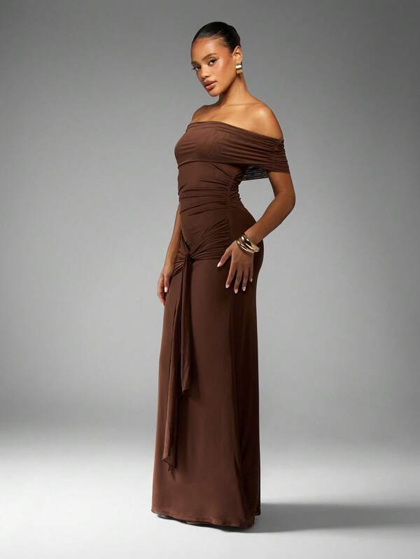 missguided MISSGUIDED Off Shoulder Ruched Maxi Dress With Side Drape