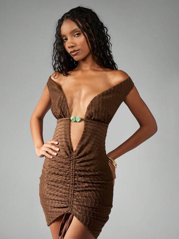 missguided MISSGUIDED Off Shoulder Ruched Mini Dress Plunging Neckline Beaded Accent