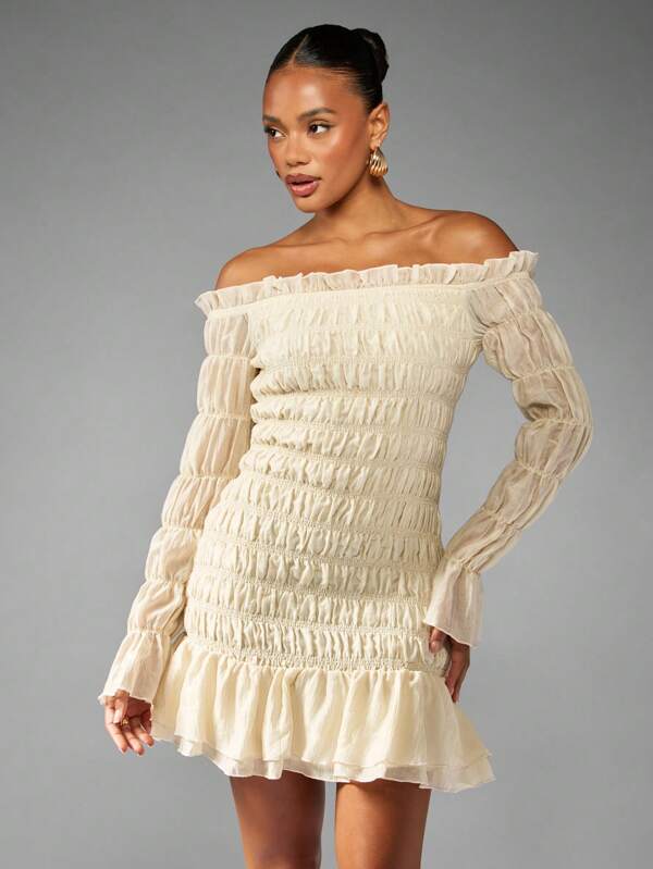 missguided MISSGUIDED Off Shoulder Ruched Mini Dress With Bell Sleeves