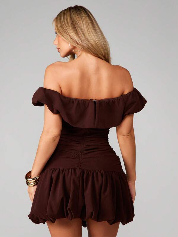 Missguided MISSGUIDED Off Shoulder Ruched Ruffle Mini Dress