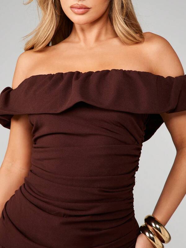 Missguided MISSGUIDED Off Shoulder Ruched Ruffle Mini Dress