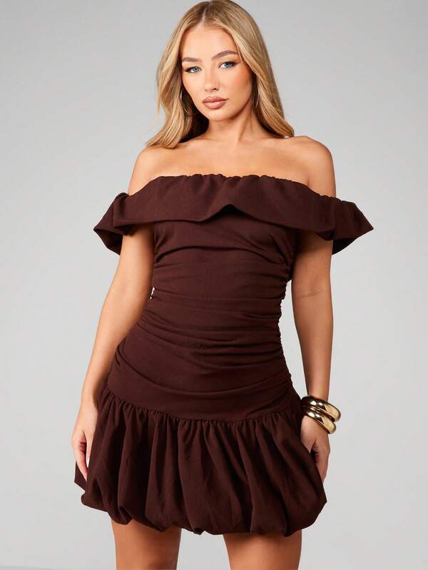 missguided MISSGUIDED Off Shoulder Ruched Ruffle Mini Dress