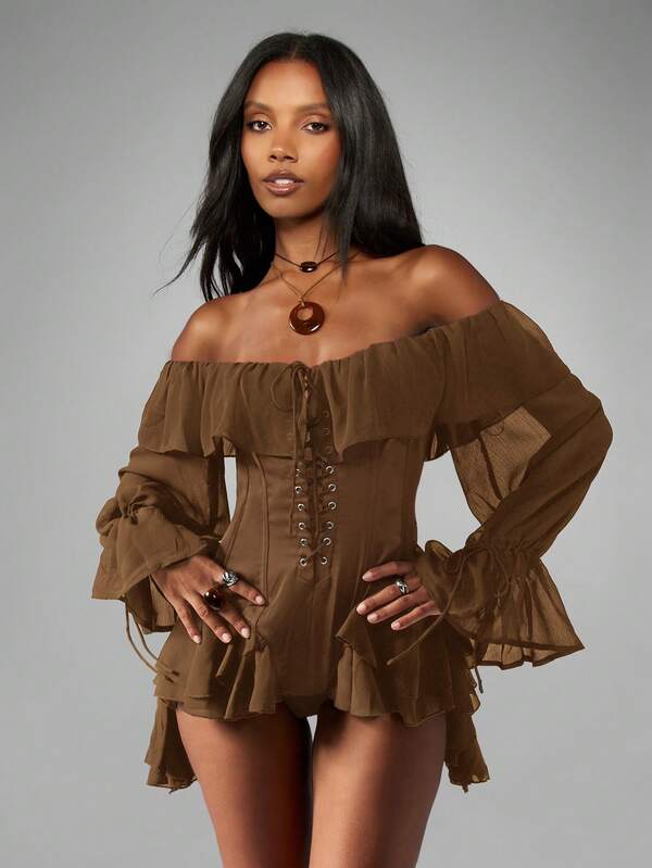 Missguided MISSGUIDED Off Shoulder Ruffle Bodysuit With Corset Detail