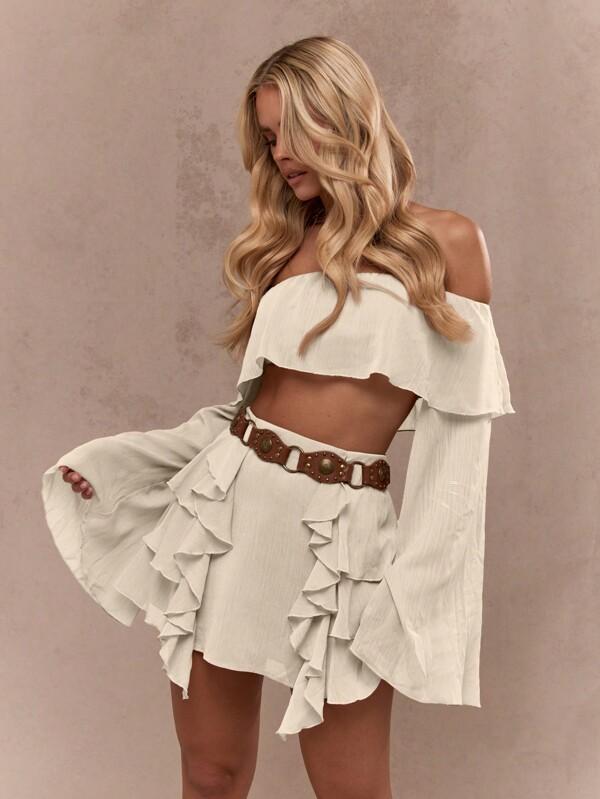 missguided MISSGUIDED Off Shoulder Ruffle Crop Top With Bell Sleeves