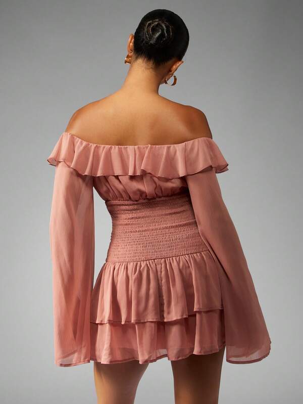 Missguided MISSGUIDED Off Shoulder Ruffle Dress With Bell Sleeves