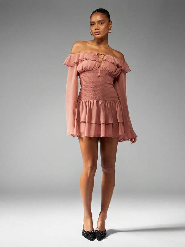 Missguided MISSGUIDED Off Shoulder Ruffle Dress With Bell Sleeves