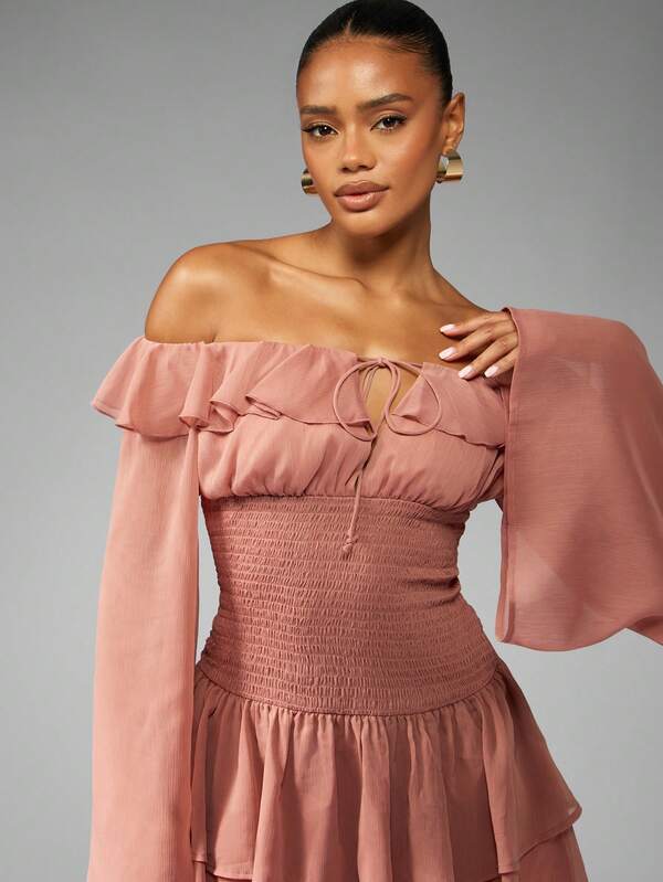 Missguided MISSGUIDED Off Shoulder Ruffle Dress With Bell Sleeves