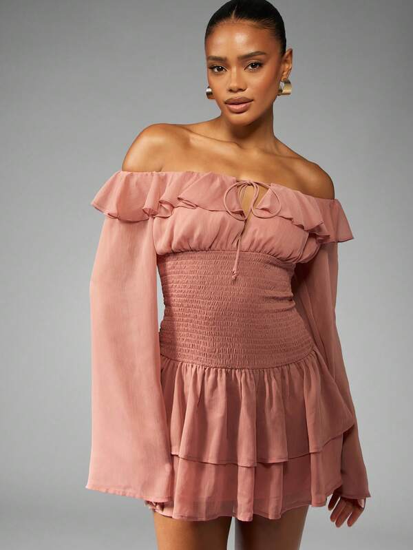 missguided MISSGUIDED Off Shoulder Ruffle Dress With Bell Sleeves