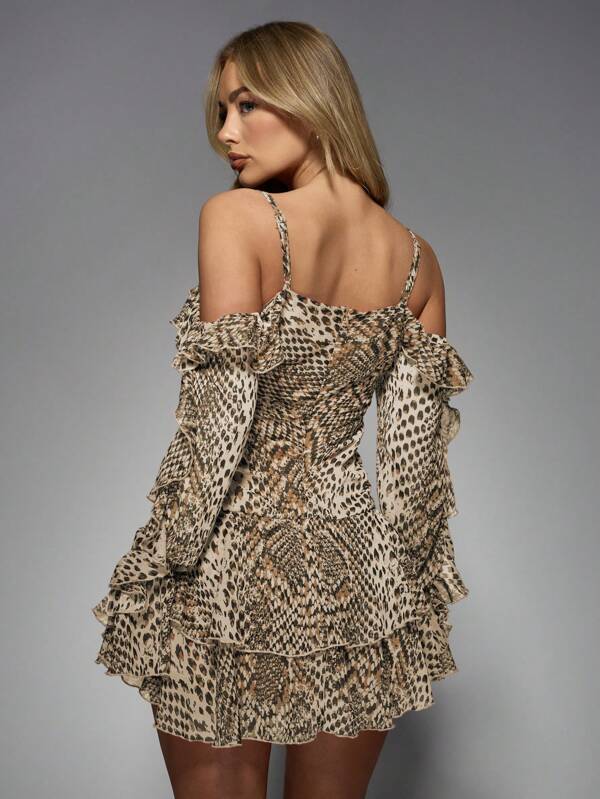 Missguided MISSGUIDED Off-Shoulder Ruffle Flutter Sleeve Empire Waist Animal Print Mini Dress