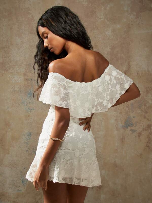 Missguided MISSGUIDED Off Shoulder Ruffle Lace Overlay A-Line Mini Dress