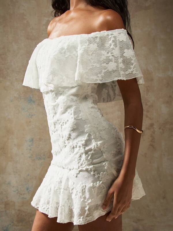 Missguided MISSGUIDED Off Shoulder Ruffle Lace Overlay A-Line Mini Dress