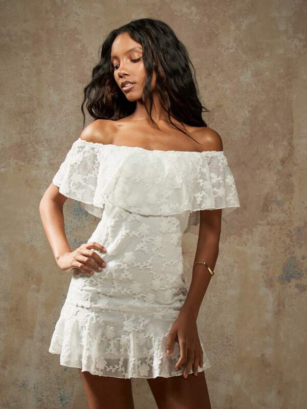 missguided MISSGUIDED Off Shoulder Ruffle Lace Overlay A-Line Mini Dress