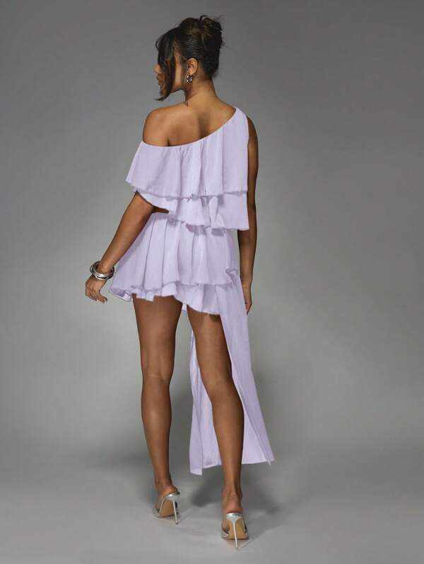 Missguided MISSGUIDED Off Shoulder Ruffle Mini Dress With Asymmetrical Hem Tiered Flounce
