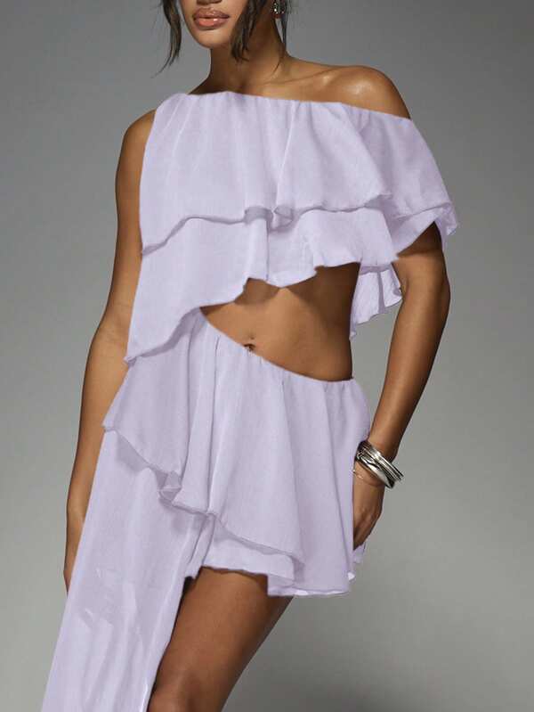 Missguided MISSGUIDED Off Shoulder Ruffle Mini Dress With Asymmetrical Hem Tiered Flounce