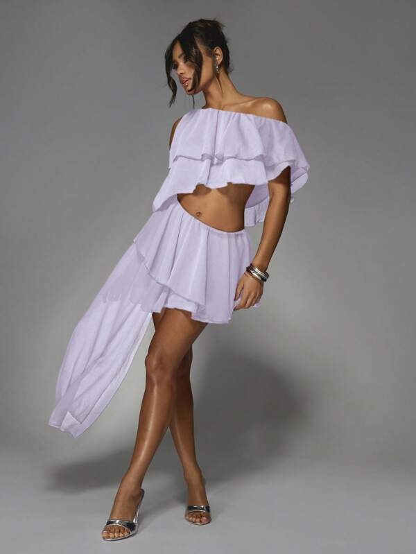 missguided MISSGUIDED Off Shoulder Ruffle Mini Dress With Asymmetrical Hem Tiered Flounce