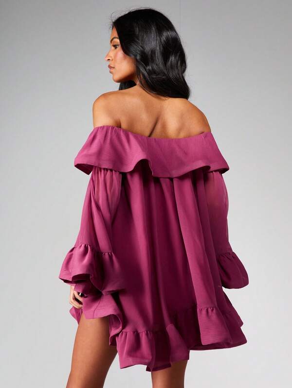 Missguided MISSGUIDED Off Shoulder Ruffle Mini Dress With Bell Sleeves
