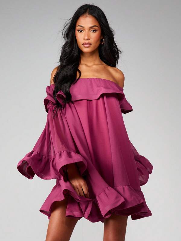 Missguided MISSGUIDED Off Shoulder Ruffle Mini Dress With Bell Sleeves