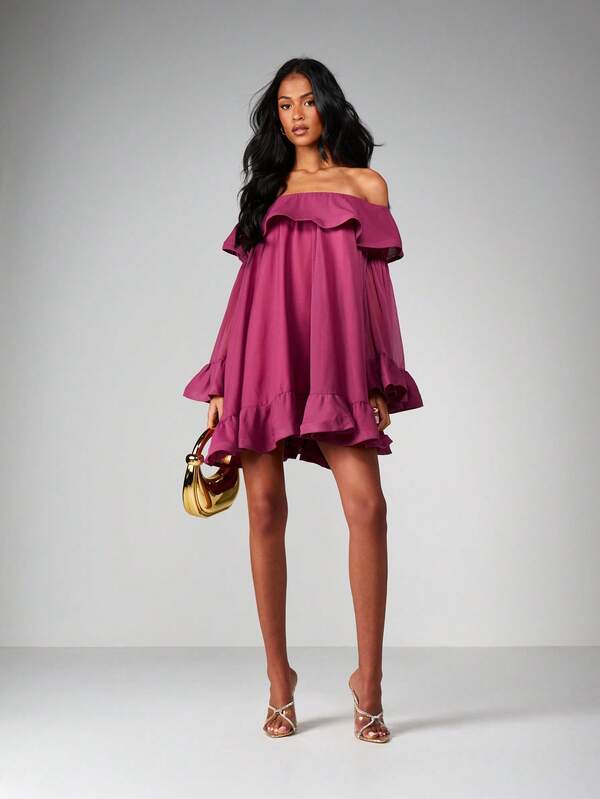 Missguided MISSGUIDED Off Shoulder Ruffle Mini Dress With Bell Sleeves