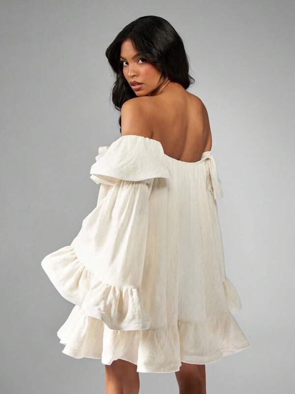 Missguided MISSGUIDED Off Shoulder Ruffle Mini Dress With Bell Sleeves