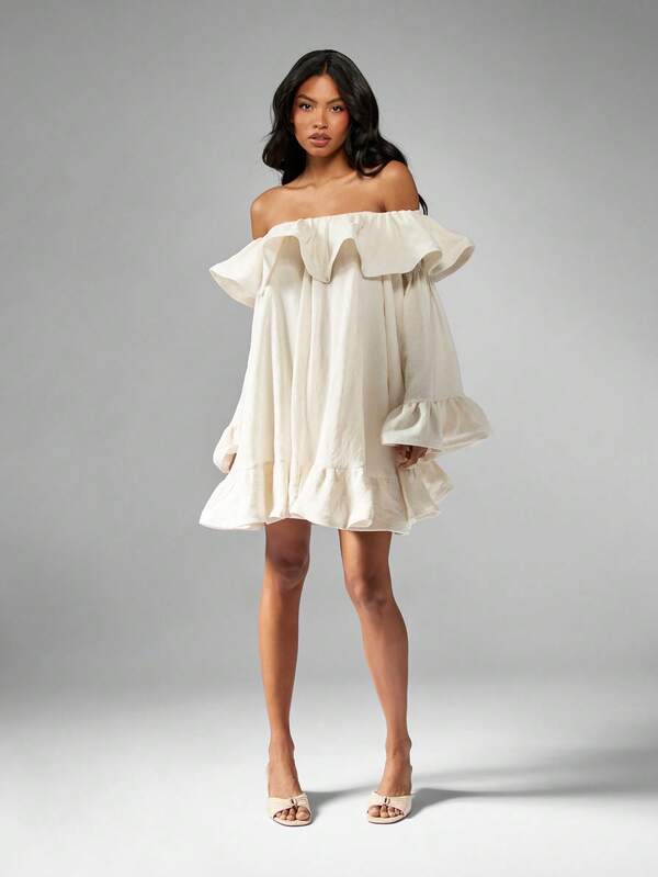 Missguided MISSGUIDED Off Shoulder Ruffle Mini Dress With Bell Sleeves