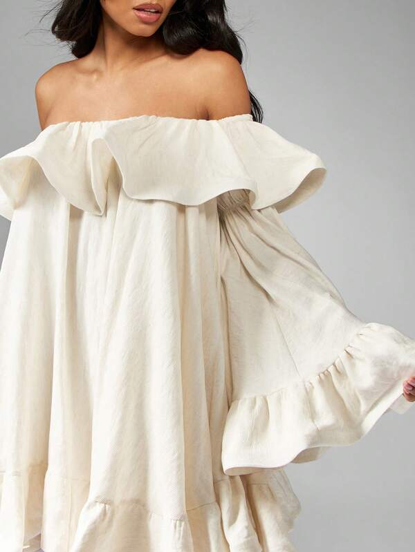 Missguided MISSGUIDED Off Shoulder Ruffle Mini Dress With Bell Sleeves