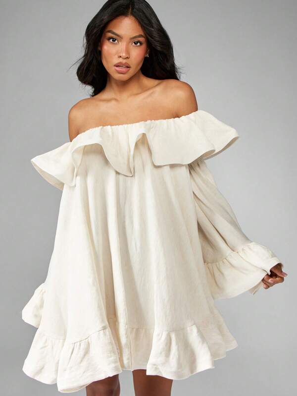 missguided MISSGUIDED Off Shoulder Ruffle Mini Dress With Bell Sleeves