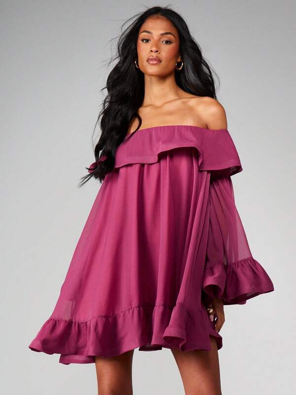 missguided MISSGUIDED Off Shoulder Ruffle Mini Dress With Bell Sleeves