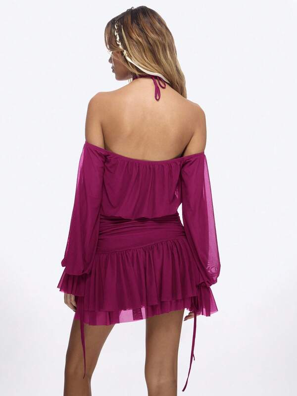 Missguided MISSGUIDED Off Shoulder Ruffle Mini Dress With Blouson Sleeves
