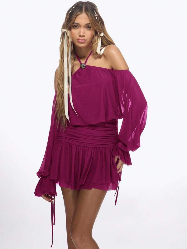 missguided MISSGUIDED Off Shoulder Ruffle Mini Dress With Blouson Sleeves
