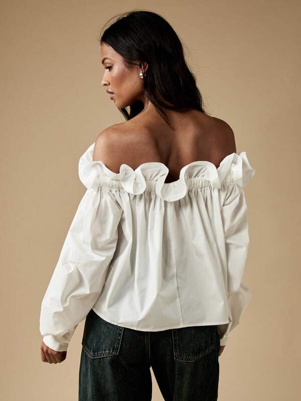 Missguided MISSGUIDED Off Shoulder Ruffle Peasant Cotton Long Sleeve Blouse