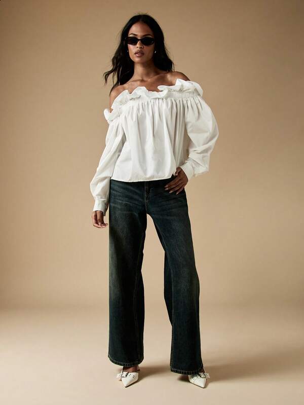 Missguided MISSGUIDED Off Shoulder Ruffle Peasant Cotton Long Sleeve Blouse