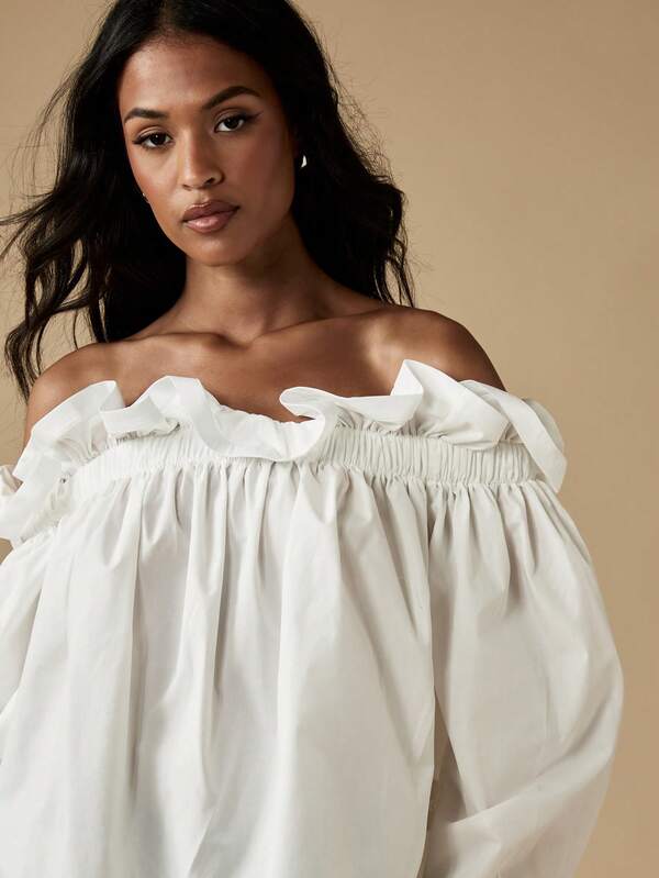 Missguided MISSGUIDED Off Shoulder Ruffle Peasant Cotton Long Sleeve Blouse