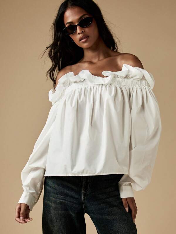 missguided MISSGUIDED Off Shoulder Ruffle Peasant Cotton Long Sleeve Blouse