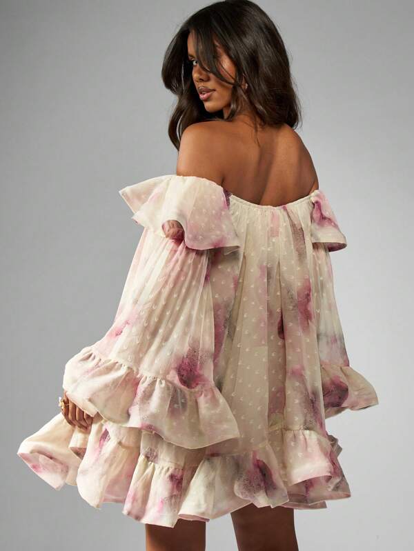 Missguided MISSGUIDED Off Shoulder Ruffle Watercolor Print Chiffon Mini Dress