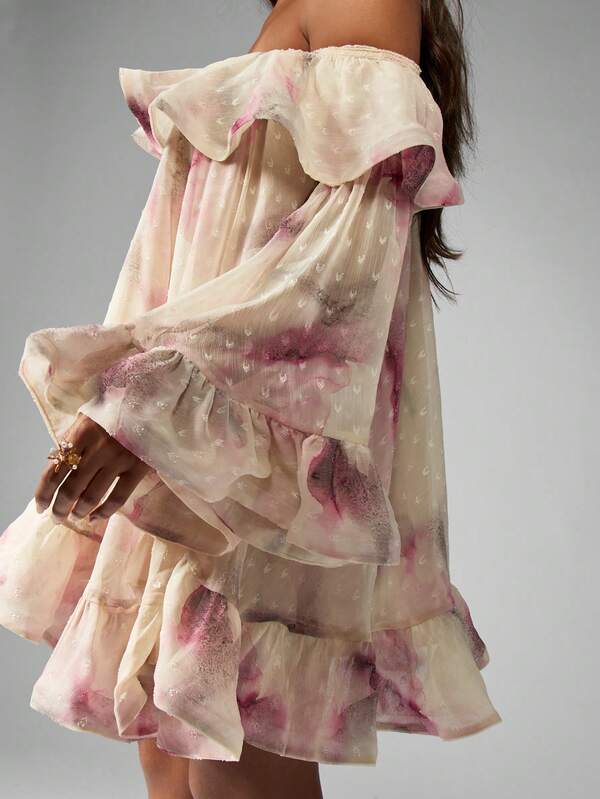 Missguided MISSGUIDED Off Shoulder Ruffle Watercolor Print Chiffon Mini Dress