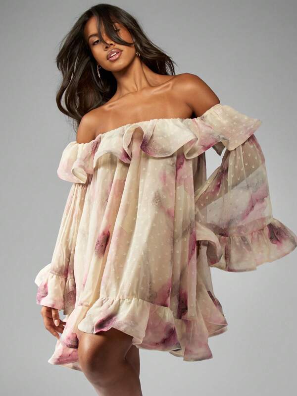 missguided MISSGUIDED Off Shoulder Ruffle Watercolor Print Chiffon Mini Dress