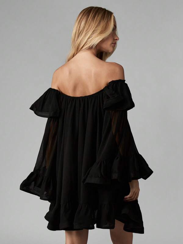 Missguided MISSGUIDED Off Shoulder Ruffled Chiffon Mini Dress With Bell Sleeves