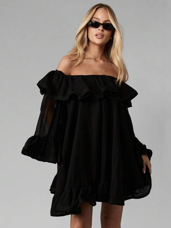 Missguided MISSGUIDED Off Shoulder Ruffled Chiffon Mini Dress With Bell Sleeves