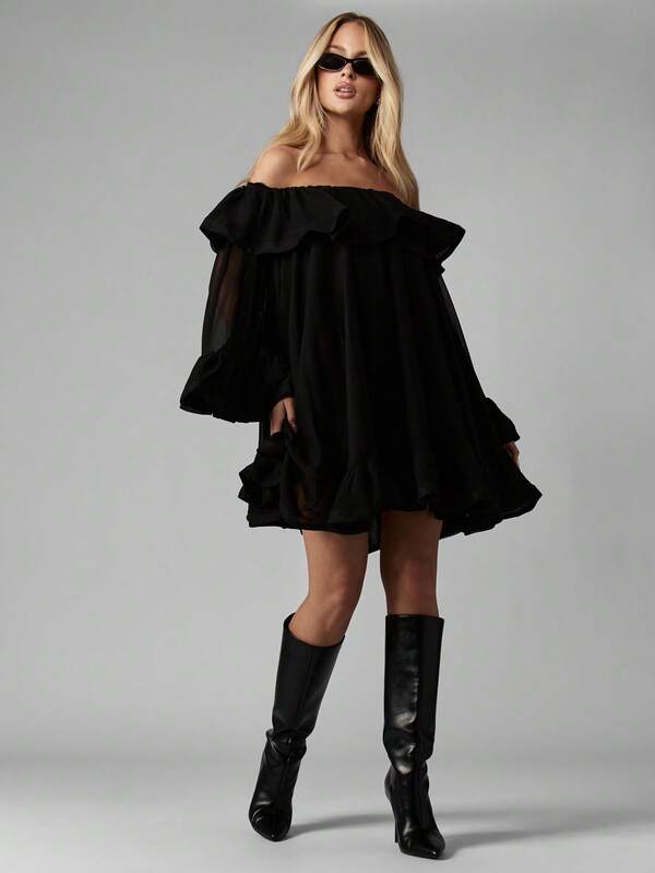 Missguided MISSGUIDED Off Shoulder Ruffled Chiffon Mini Dress With Bell Sleeves