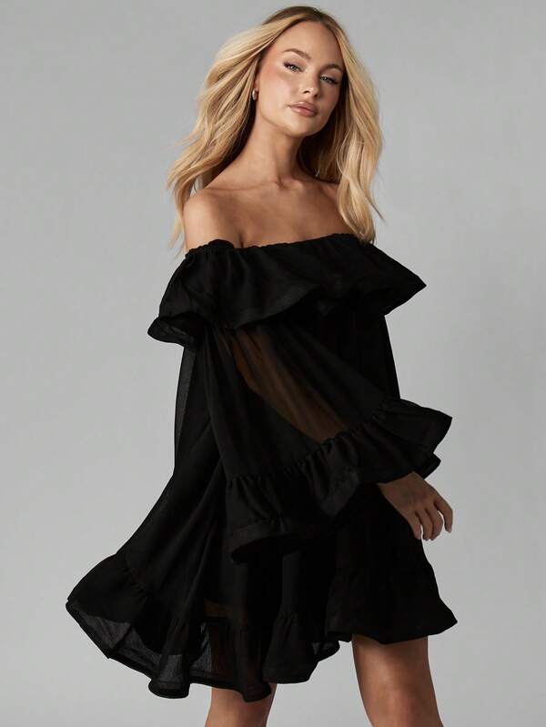 missguided MISSGUIDED Off Shoulder Ruffled Chiffon Mini Dress With Bell Sleeves