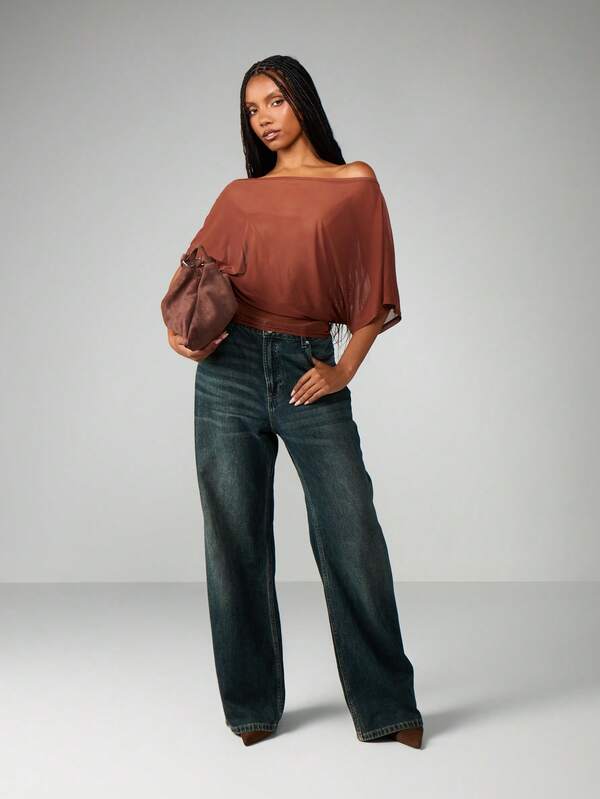 Missguided MISSGUIDED Off Shoulder Sheer Blouse With Batwing Sleeves