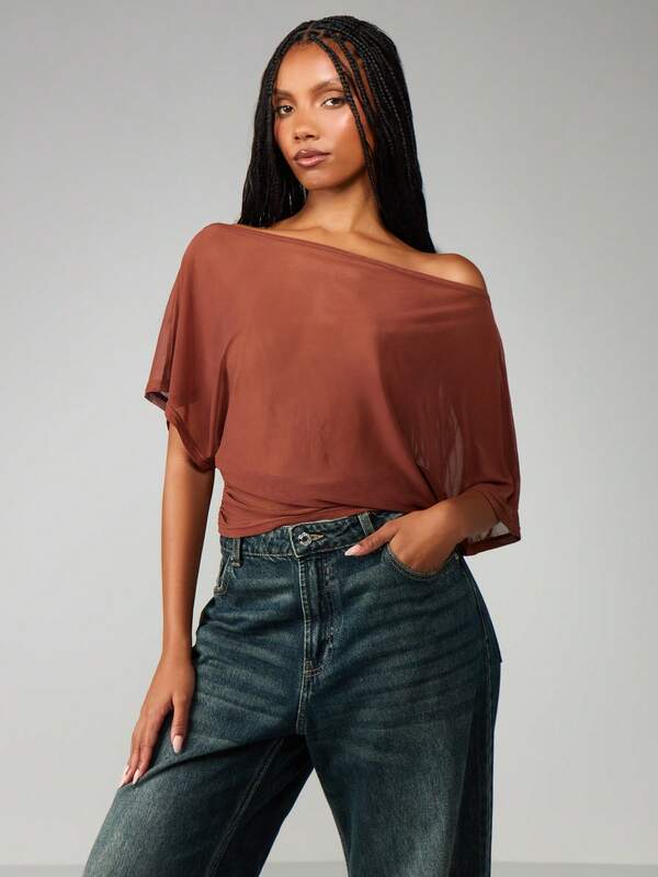 Missguided MISSGUIDED Off Shoulder Sheer Blouse With Batwing Sleeves