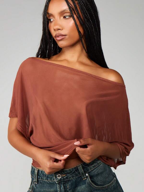 missguided MISSGUIDED Off Shoulder Sheer Blouse With Batwing Sleeves