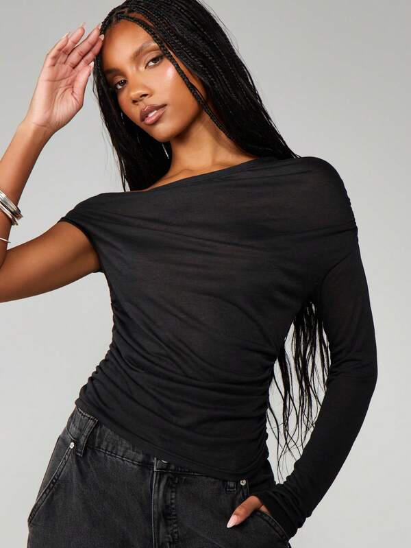 missguided MISSGUIDED Off Shoulder Sheer Knit Top With Long Sleeves