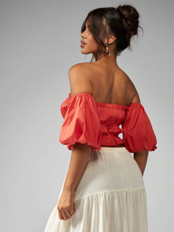 Missguided MISSGUIDED Off Shoulder Shirred Ruched Puff Sleeves Crop Top