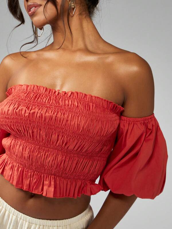 Missguided MISSGUIDED Off Shoulder Shirred Ruched Puff Sleeves Crop Top