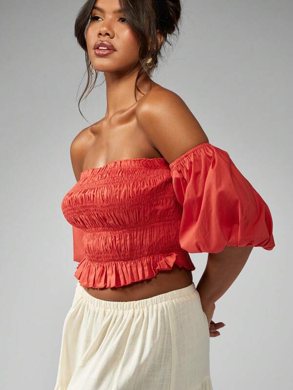 Missguided MISSGUIDED Off Shoulder Shirred Ruched Puff Sleeves Crop Top